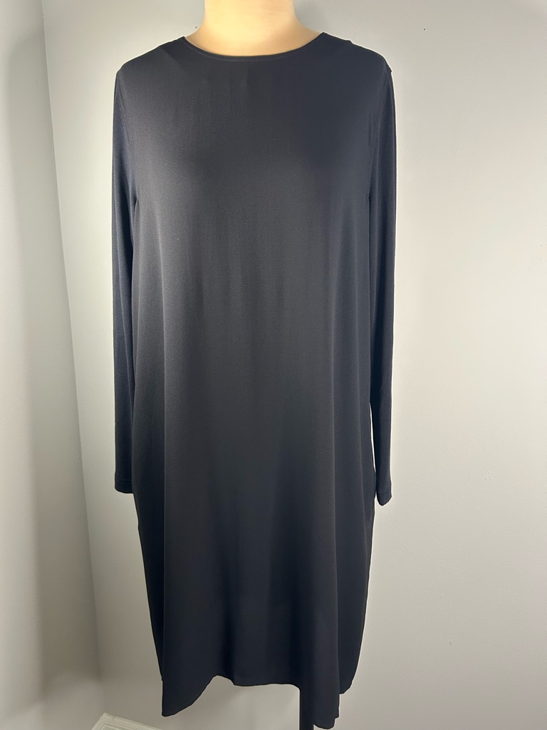 Nwt Eileen Fisher Black Long-Sleeve Shift Dress 100% Silk Georgette Crepe